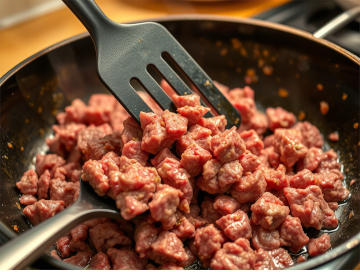 Photo of ground beef being broken up with a spatula as it browns in a skillet.