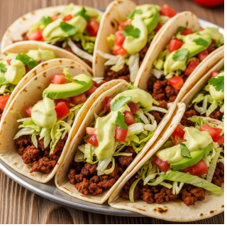 A final, vibrant photo of several fully assembled tacos on a platter, ready to be eaten.